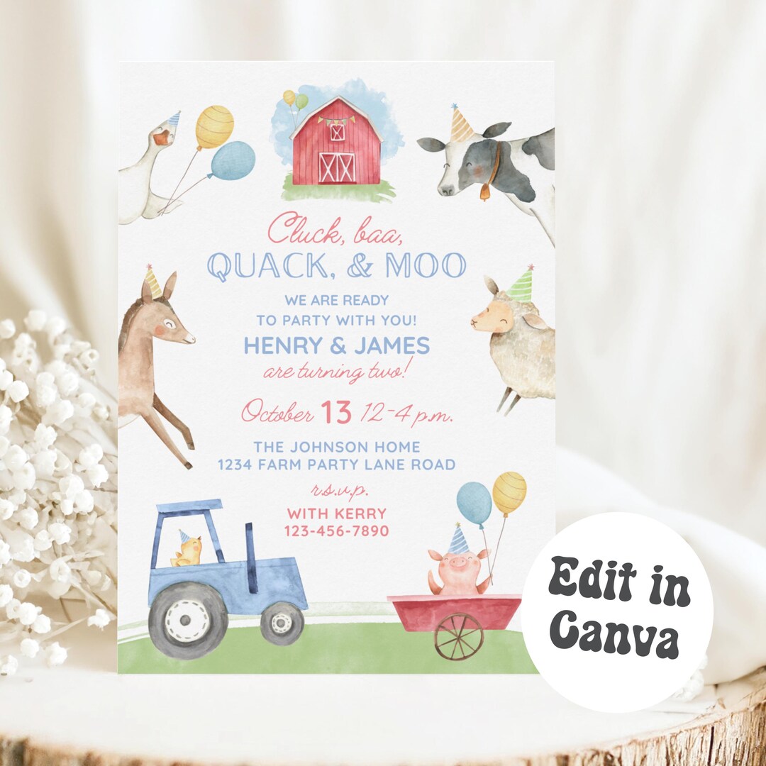 Editable Farm Party Birthday Invitation, Cute Boy Barnyard Tractor ...