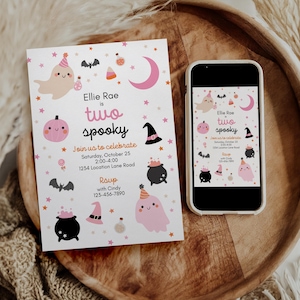 Cute Halloween Two Spooky Birthday Invitation - Pink Halloween Girl 2nd Birthday Invitation - Halloween Party Invite for Girl Birthday