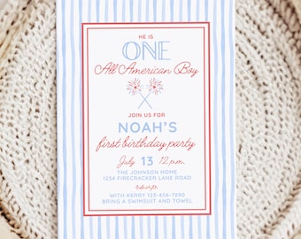 Invitación de cumpleaños para niño del 4 de julio, tema rojo, blanco y azul, para el primer cumpleaños de un niño.