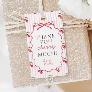 Cherry Themed Party Favor Tags, Cherry on Top Baby Shower Thank You Tags, Canva Grandmillennial Bow Cherry First Birthday Theme Party Tags