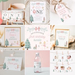 May include: A Nutcracker-themed first birthday party printable bundle with a pink and green color scheme. The bundle includes a welcome sign, a thank you card, a custom sign, a banner, a water bottle label, and photo cards. The graphics feature a ballerina, a nutcracker, and a Christmas tree.