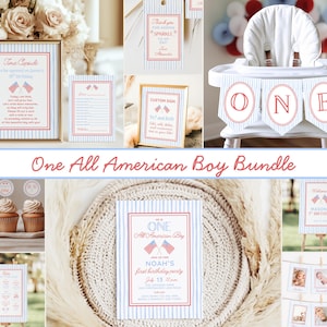 One All American Boy 1st Birthday Bundle, Patriotic 1st Birthday Theme Red White and Blue All American 4th of July Decorations and Keepsakes
