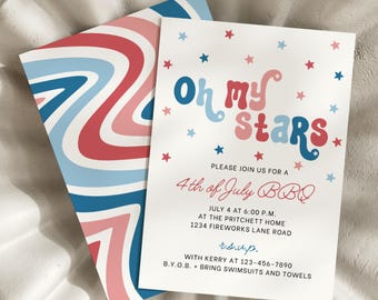 Retro 4th of July Invitation for Adult Pool Party, Oh my Stars Fourth of July Independence Day Pool Party Invitation for Summer BBQ Invite