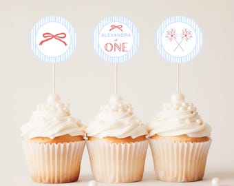 4th of July Birthday Cupcake Toppers, Custom Cupcake Toppers for Summer Girl 1st Birthday, Red White and Two All American Little Firecracker