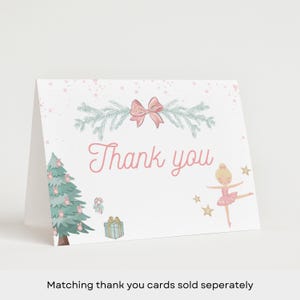 May include: Pink and green thank you card with a ballerina, a Christmas tree, and a bow. The card says "Thank you".