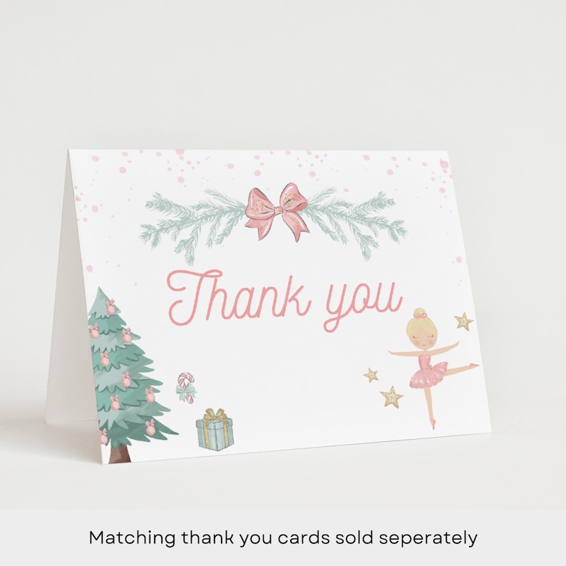 May include: Pink and green thank you card with a ballerina, a Christmas tree, and a bow. The card says "Thank you".