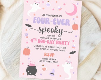 Four Ever Spooky Girl Halloween 4th Birthday Invitation, Cute Fourever Spooky Theme Fourth Birthday Party Digital Pink Halloween Invite