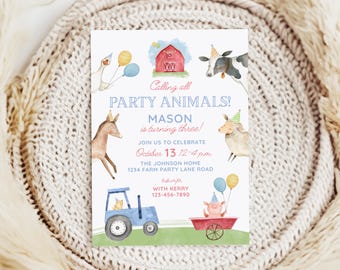 Calling All Party Animals Farm Birthday Invitation, Farm Themed Birthday Invitation for Summer Spring Birthday, Gingham Boy Birthday Invite