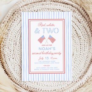 May include: A patriotic invitation with a red and white border and blue striped background. The text reads "Red, white, & TWO" above crossed American flags. It announces Noah's second birthday party on July 13th at 12 p.m. with RSVP details.