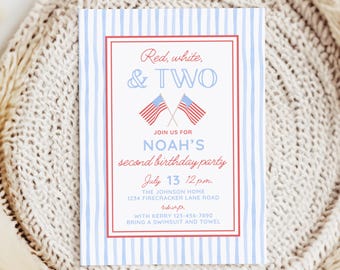 May include: A patriotic invitation with a red and white border and blue striped background. The text reads "Red, white, & TWO" above crossed American flags. It announces Noah's second birthday party on July 13th at 12 p.m. with RSVP details.