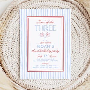 Land of the Three Invitation for Boy 3rd Birthday, Cute 3rd Birthday Theme for Summer Birthday, Patriotic Boy 4th of July Birthday Invite