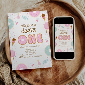 Sweet One 1st Birthday Girl Invitation - Sweet One Invitation for Donut Theme First Birthday Party - Donuts Digital Invitation Editable