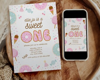 Sweet One 1st Birthday Girl Invitation - Sweet One Invitation for Donut Theme First Birthday Party - Donuts Digital Invitation Editable