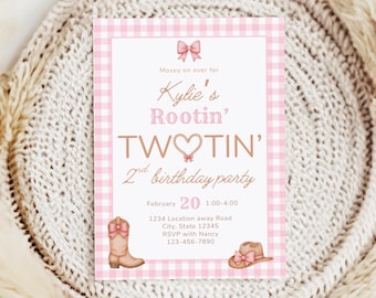 May include: A rectangular birthday party invitation with a pink and white gingham border. The text reads: Mosey on over for Kylie's Rootin' TWOTIN' 2nd birthday party, February 20, 1:00-4:00, 1234 Location away Road, City, State 12345, RSVP with Nancy 123-456-7890. Features a pink bow, a rope heart, a cowboy boot with a bow, and a cowboy hat with a bow.