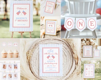 One All American Boy 1st Birthday Bundle, Patriotic 1st Birthday Theme Red White and Blue All American 4th of July Decorations and Keepsakes