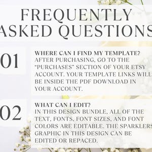 Peut inclure: Fond blanc avec le texte "FREQUENTLY ASKED QUESTIONS" en gris fonc&eacute;. Des sections num&eacute;rot&eacute;es r&eacute;pondent aux questions sur la recherche et la modification des mod&egrave;les achet&eacute;s sur Etsy. Des &eacute;l&eacute;ments floraux sont visibles en arri&egrave;re-plan.