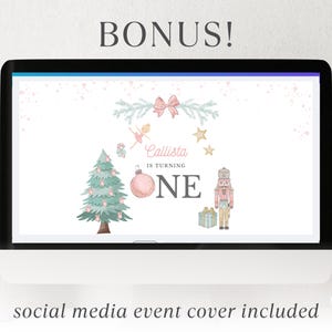 May include: A digital social media event cover displayed on a computer screen featuring the text Callista IS TURNING ONE. The design includes a Christmas tree, a nutcracker, a pink ornament, a ballerina, a bow, and stars in soft pastel colors.