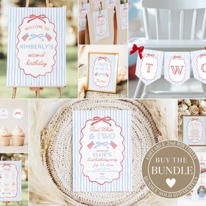 May include: A collection of printable party decorations featuring a light blue and white vertical striped pattern with red and blue text and graphics, including a welcome sign, invitation, bunting, cupcake toppers, and signage for cards and gifts.
