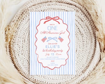 One All American Girl 1st Birthday Invitation, 4th of July Bow Birthday Invitation for Summer Girl First Birthday, Red White and Blue