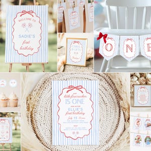 May include: A collection of party decorations with a blue and white striped theme, featuring red accents. Includes a welcome sign, invitation, banner, cupcake toppers, and gift tags. The text includes "Sadie's first birthday" and "Ellie's first birthday".