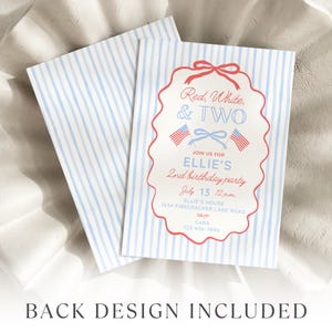 Red White and Two Invitation for Girl 2nd Birthday, Cute 2nd Birthday Theme for Summer Birthday, Coquette Bow 4th of July Birthday Invite image 5