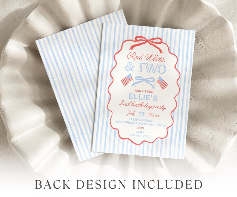 Red White and Two Invitation for Girl 2nd Birthday, Cute 2nd Birthday Theme for Summer Birthday, Coquette Bow 4th of July Birthday Invite image 5