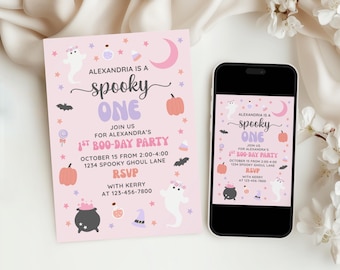 Spooky One Halloween Birthday Invitation, Cute Pink Pastel Girl First Birthday Invitation, Halloween Party Invite for Girl 1st Birthday