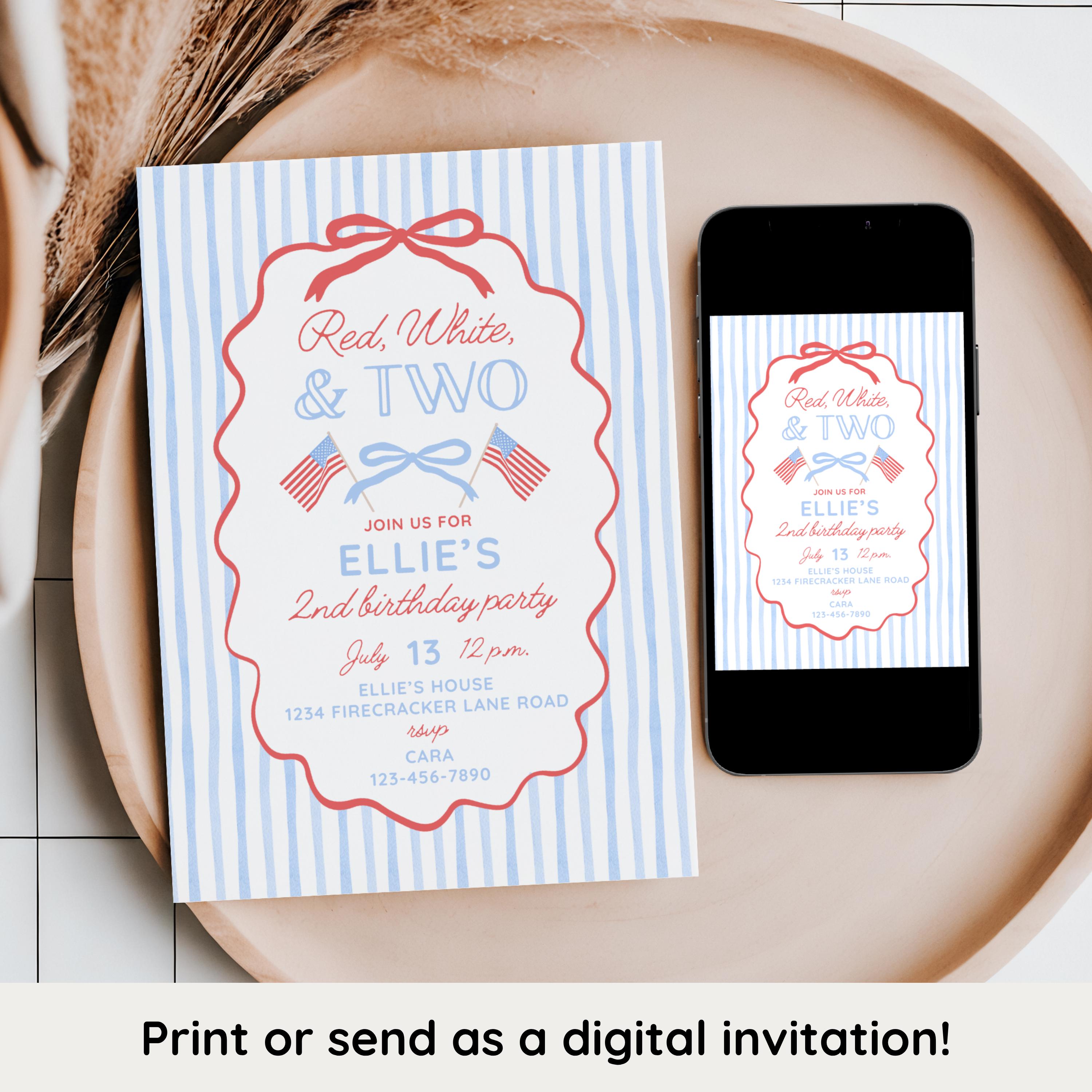 Red White and Two Invitation for Girl 2nd Birthday, Cute 2nd Birthday ...