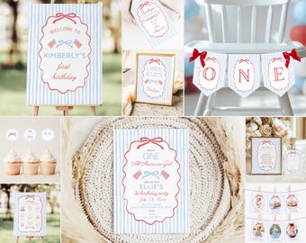 May include: A collection of party decorations with a patriotic theme. Includes a welcome sign, gift tags, a banner, and invitations. The designs feature red and blue accents with a striped background and the text "Kimberly's first birthday".