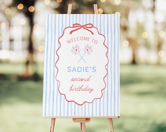 Red White and Two Birthday Welcome Sign for Girl Second Birthday, Cute 2nd Birthday Theme for Summer Birthday, Fourth 4th of July Birthday