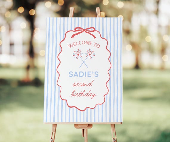 Red White and Two Birthday Welcome Sign for Girl Second Birthday, Cute 2nd Birthday Theme for Summer Birthday, Fourth 4th of July Birthday