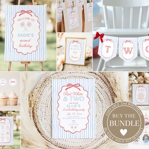 Peut inclure: Ensemble de d&eacute;corations de f&ecirc;te rouges, blanches et bleues. Comprend une pancarte de bienvenue, une invitation et une banni&egrave;re. Le texte indique "Sadie's second birthday" et "Red, White, & Two".