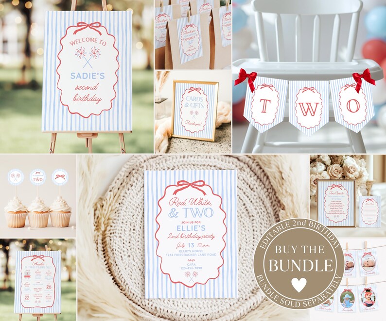 Peut inclure: Ensemble de d&eacute;corations de f&ecirc;te rouges, blanches et bleues. Comprend une pancarte de bienvenue, une invitation et une banni&egrave;re. Le texte indique "Sadie's second birthday" et "Red, White, & Two".