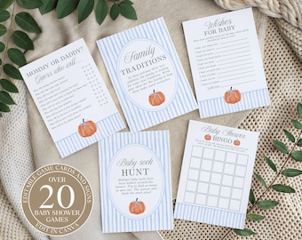 Little Pumpkin Baby Shower Games Bundle, Boy Fall Baby Shower Games, Baby Shower Bingo, Blue Baby Shower Signs, Keepsakes, and Activities