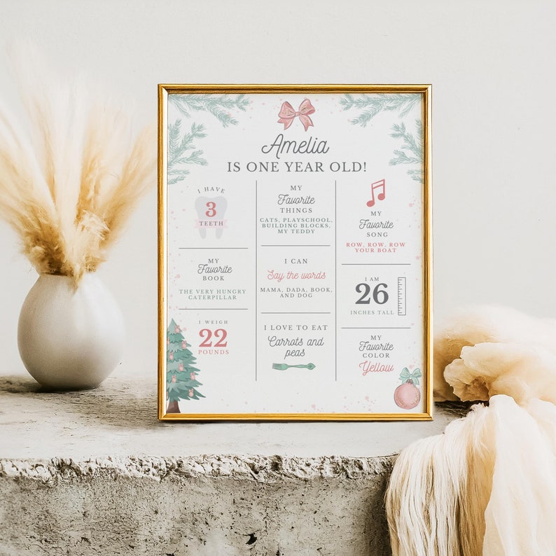 May include: A printable Christmas-themed first birthday chart for a girl named Amelia. The chart includes details about her favorite things, what she can do, and her measurements. It features a festive green and red color scheme with a cute illustration of a Christmas tree.