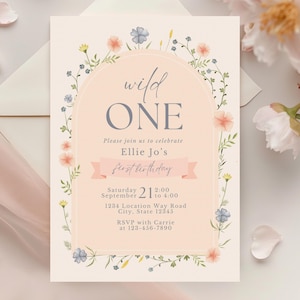Wild One First Birthday Invitation, Wildflower Girl 1st Birthday Invitation Template, Watercolor Floral Baby 1st Birthday Theme Idea Spring