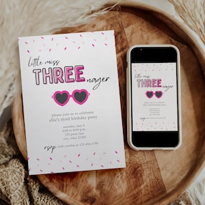Pink Little Miss Threenager 3rd Birthday Invitation | Funny Third Birthday Invitation | Birthday Party Invitation for Third Birthday Girl