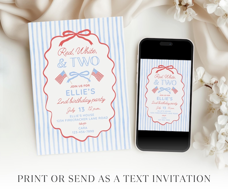 May include: A rectangular birthday invitation card and a smartphone displaying the same design. The invitation features light blue vertical stripes, a red scalloped frame, and text reading Red, White, & TWO, Ellie's 2nd birthday party, July 13, 12 p.m.