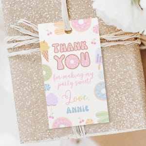 Sweet Birthday Party Favor Tags, Four Ever Sweet, Two Sweet, Sweet One Donut Birthday Party Thank You Tags, Pastel Rainbow Dessert Birthday