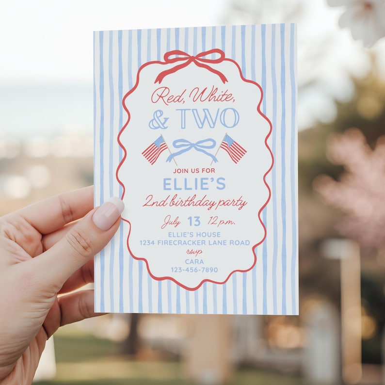 May include: A rectangular birthday party invitation with a light blue and white vertical striped background. The center features a red scalloped frame with a bow, containing the text Red, White, & TWO, two small American flags, and event details.