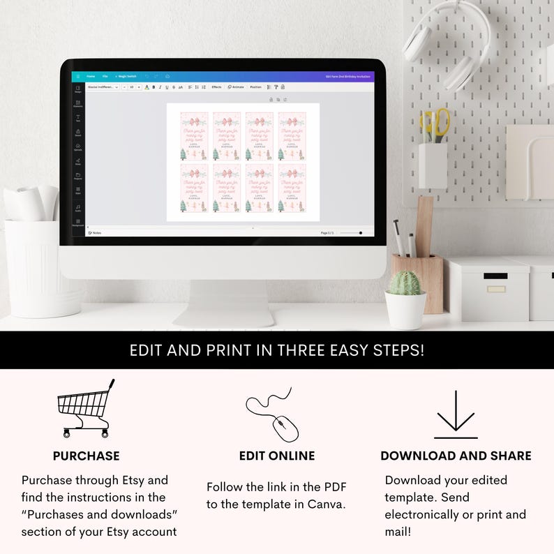 May include: A computer screen displaying a printable template for a thank you card. The card features a pink and green watercolor design with a Christmas tree and the text "Thank you for celebrating with us". The image shows three easy steps to edit and print the template: purchase, edit online, and download and share.