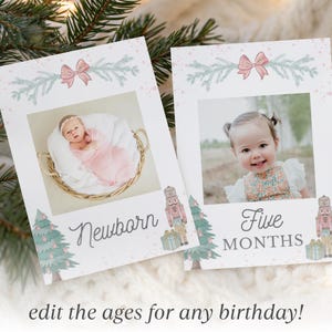 May include: Two rectangular milestone cards featuring a Christmas theme with a pink bow, pine branches, a nutcracker, and a decorated tree. One card displays the text Newborn with a baby in a basket, and the other displays Five MONTHS with a toddler.