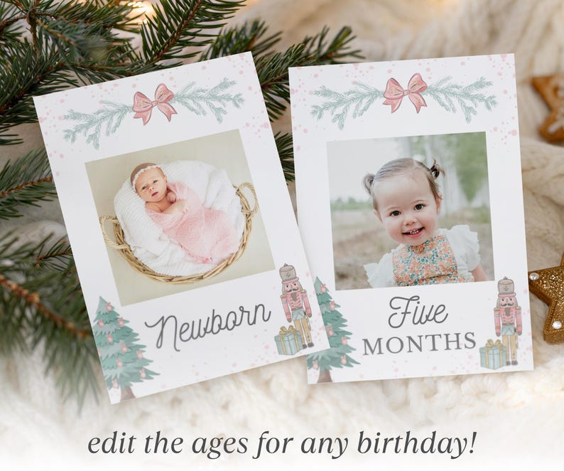 May include: Two rectangular milestone cards featuring a Christmas theme with a pink bow, pine branches, a nutcracker, and a decorated tree. One card displays the text Newborn with a baby in a basket, and the other displays Five MONTHS with a toddler.