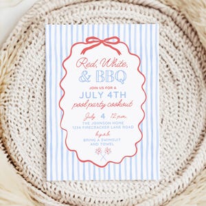 May include: A rectangular invitation card with a light blue and white vertical striped background. A red scalloped frame with a bow at the top contains the text: Red, White, & BBQ, JOIN US FOR A JULY 4TH pool party cookout, July 4 12 p.m., THE JOHNSON HOME 1234 FIRECRACKER LANE ROAD, b.y.o.b., BRING A SWIMSUIT AND TOWEL, and a small red firework graphic.