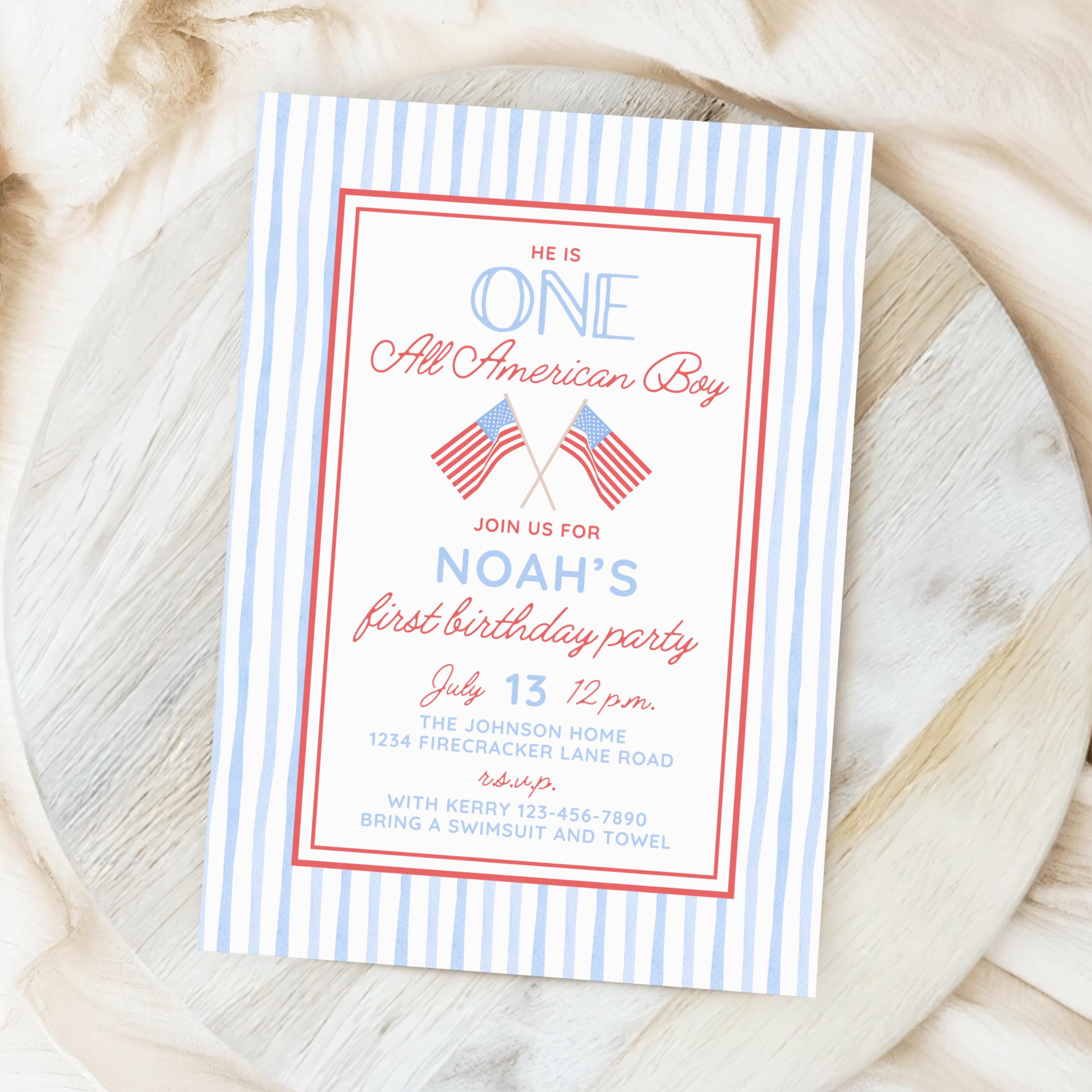 ONE All American Boy 4th of July Birthday Invitation for Boy 1st Birthday, Birthday Invite, Red White and Blue First Birthday Theme Summer