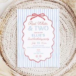 May include: Red, white, and two birthday party invitation with blue and white stripes, a red bow, and fireworks. The invitation says "Join us for Ellie's 2nd birthday party" and includes the date, time, and location.