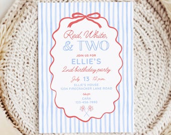 Red White and Two Invitation for Girl 2nd Birthday, Cute 2nd Birthday Theme for Summer Birthday, Coquette Bow 4th of July Birthday Invite