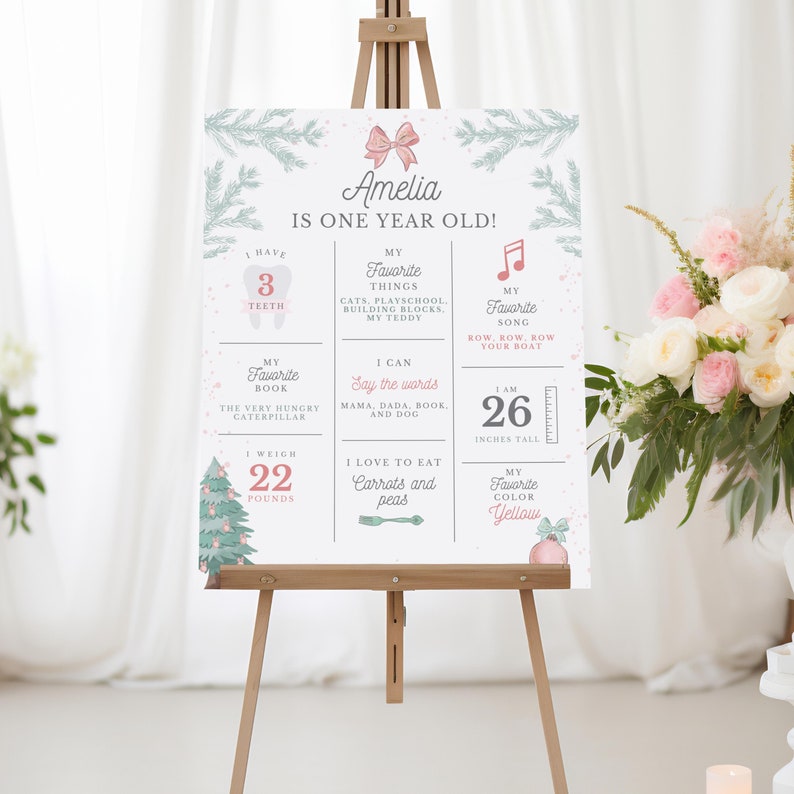May include: A green and white illustrated poster with a pink bow and the name Amelia. The poster celebrates a first birthday with details about the child's favorite things, including their favorite book, song, and food. The poster also includes the child's height and weight.