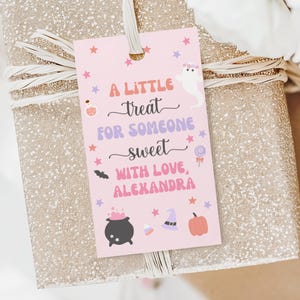 Pink Halloween Treat Tag for Halloween Birthday, Halloween Party Favors Kids, Girl Trick or Three Four Ever Spooky Two Spooky One Birthday