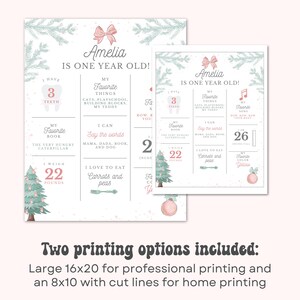 May include: A printable first birthday milestone chart for a girl named Amelia. The chart features a pink and green color scheme with a Christmas tree and ornament design. It includes information such as age, height, weight, favorite things, and favorite book.